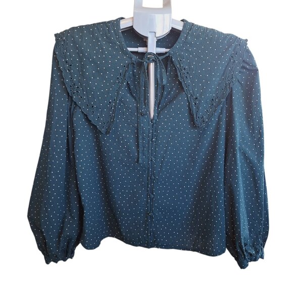 a new day Forest Green Polka Dot Blouse Oversized Lace Trim Collar Outs Size Med - Picture 3 of 8